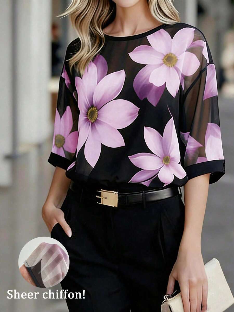 EMERY ROSE Women's Elegant Floral Print Round Neck Blouse, Summer - Purple - View 1