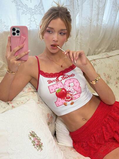Strawberry Shortcake X SHEIN Women's Sweet Cute Lace Patchwork 3D Bow Decor Camisole,