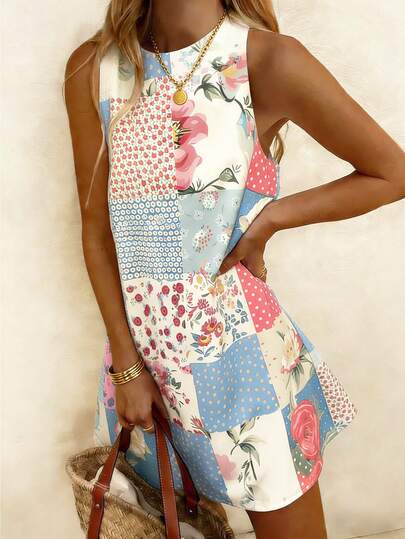Vaclyn Plus Size Women Patchwork Print Round Neck Sleeveless Casual Dress