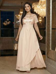 SHEIN Lady CURVE Đầm dài đính sequin thêu tinh tế dành cho nữ cỡ lớn, thích hợp cho các buổi tiệc và liên hoan. - Màu Khaki - Xem 4