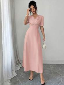 Modelyn Đầm dài màu xanh lá cây đính ngọc trai, cổ chữ V, eo cao. - Hồng - Xem 8