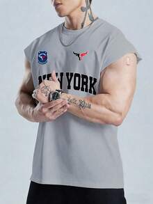 GymBeat Men's Letter Print Sleeveless Workout Tank Top - Light Grey - View 3