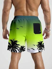 Manfinity KASUA Men's Drawstring Waist Pockets Coconut Tree Print Casual Vacation Beach Shorts, Holiday - Green - View 2