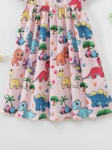 Elladie kids 小女孩卡通恐龙印花可爱连衣裙 - 粉色 - 查看 6