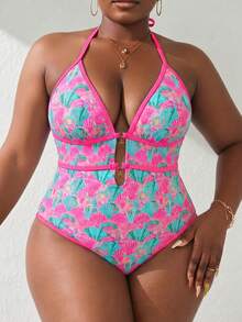 Swim Lushoire 2026 Spring/Summer Plus Size Women's Hollow Out Shell Print One-Piece Swimsuit, Lifting Holiday Holiday Vacation Pink Yellow Tropical - Multicolor - View 3