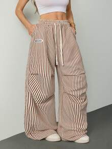 SHEIN Tall 女士夏季基本款条纹阔腿运动裤 - 卡其色 - 查看 5
