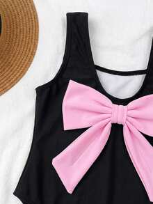 Emery Rose Kids Emery Rose Kids 女童條紋蝴蝶結花卉一件式泳衣，女孩泳衣一件式母女套裝泳衣黑色幼童女童泳衣蝴蝶結泳衣女孩蝴蝶結泳衣，兒童 - 黑色 - 查看 2