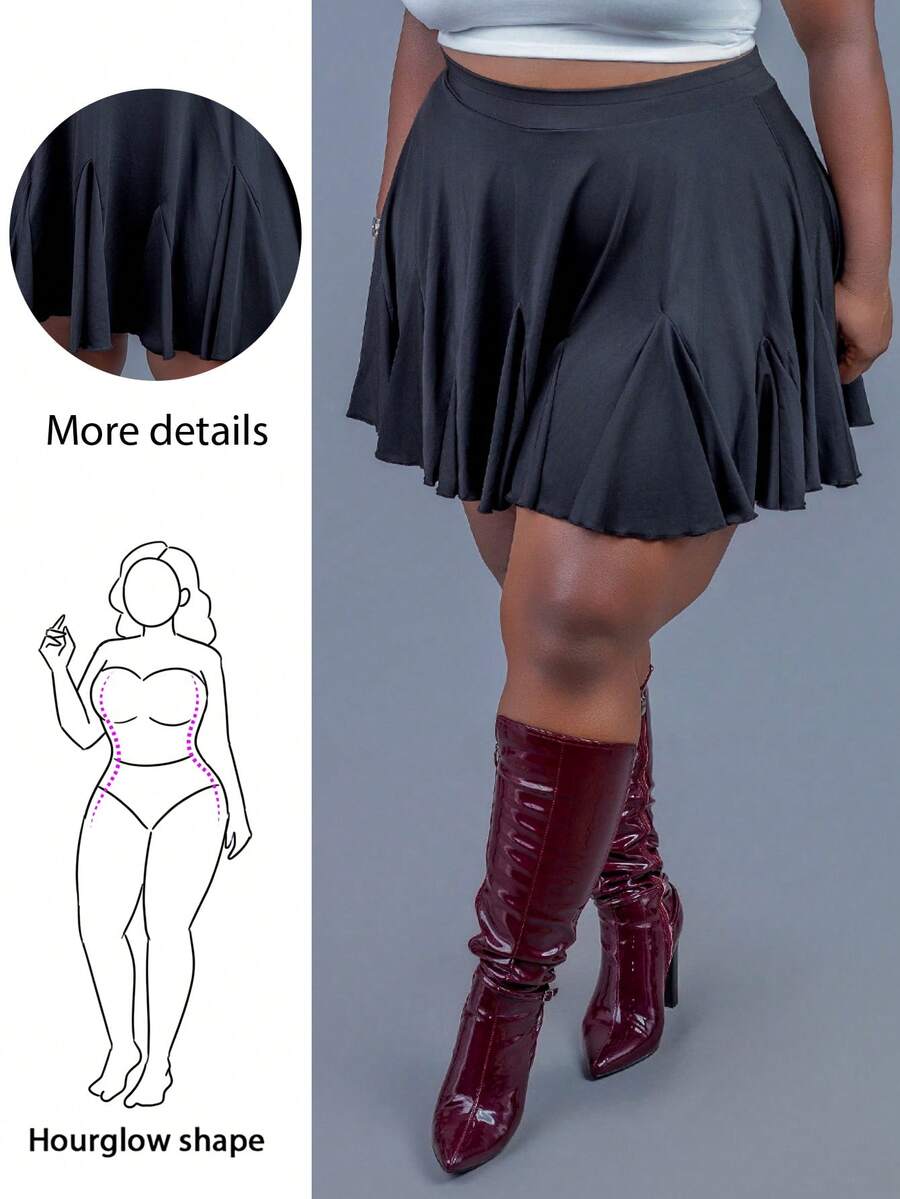 CurvyTilda Plus Size Black Casual Loose A-Line Skirt, Fashionable For Summer, Black Ruffle Skirt, Valentine's Day, For Hourglass Body Shape - Black - View 1