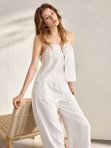 Ocili Leisure Comfortable Cotton Cutout Bohemian Soft Camisole Pants Set, Relaxed Minimalist Drawstring Chic Autumn Pajamas For Women - White - View 6