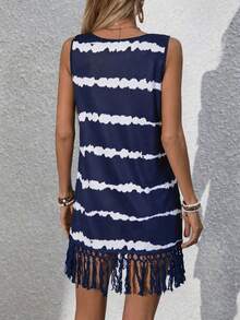 Swim Lushoire Gaun Penutup Tanpa Lengan Motif Garis-garis Musim Panas untuk Wanita dengan Rumbai di Bagian Bawah - Navy Blue - View 2