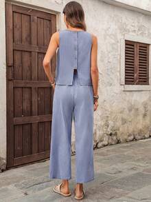 EMERY ROSE Women's Fashionable Versatile Striped Tank Top And Casual Pocket Pants 2 Pieces Set,Summer Outfits For Women - Navy Blue - View 2