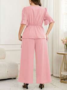 SHEIN Clasi Bộ đồ 2 món dành cho nữ cỡ lớn: Áo sơ mi ngắn tay xếp ly màu trơn và quần ống rộng. - Hồng - Xem 8