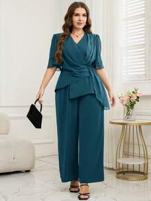 SHEIN Clasi Plus Size Women Solid Color Pleated Design Shirt And Pants Elegant 2 Pieces Set - Teal Blue - View 5