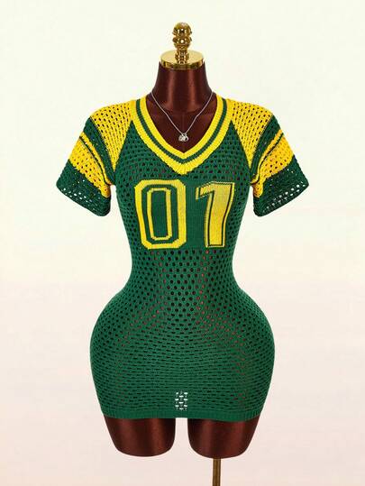Amplova Summer New Numeric Color Block V-Neck Knitted Mini Dress For Women, Collegiate Style