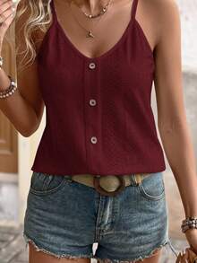Brillora Áo camisole nữ màu trơn, thiết kế cài nút, kiểu dáng thường ngày. - Màu Đỏ Sâu - Xem 3
