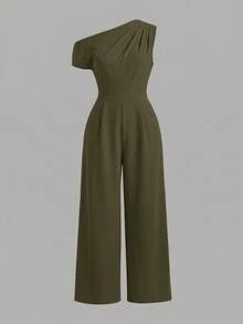 Firerie Kids Firerie Kids Tween Girl Solid Color Asymmetrical Shoulder Ruched Wide Leg Jumpsuit - Army Green - View 5