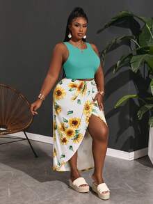 Slaydiva Plus Size Women Solid Color Versatile Tank Top And Floral Print Asymmetrical Hem Ruched Slit Skirt 2 Pieces Set Beach Vacation Teal White Summer Boho - Mint Blue - View 5
