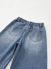 SHEIN Quần jean denim dáng rộng dài 7/8 cho bé trai, cạp chun, ống rộng, thích hợp cho kỳ nghỉ, đi làm hàng ngày, đi học, đi chơi cuối tuần - Quần jean ống rộng cho bé trai - Rửa trung bình - Xem 5