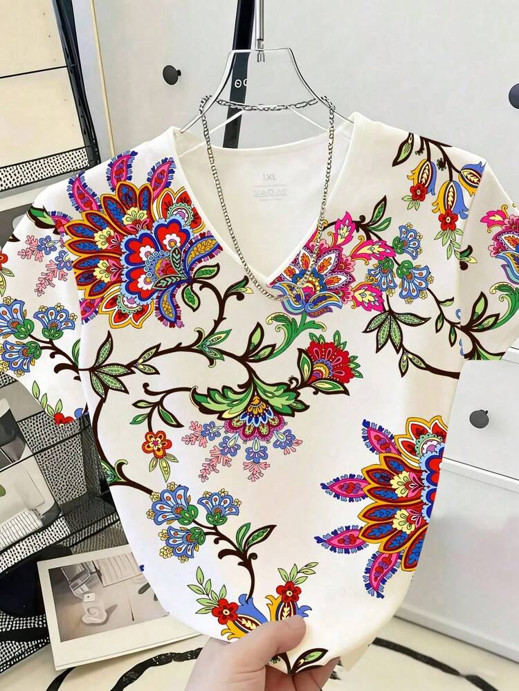EMERY ROSE Plus Size Casual Boho T-Shirt With Floral Print For Women Pattern V-Neck Short Sleeved Shirt, Suitable For Summer Vacation White - Multicolor - View 3