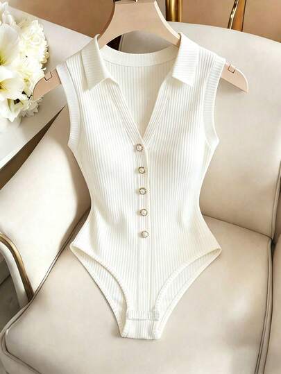 SHEIN Franclia European And American Fashion Lapel Decorative Button Design Waist Slimming Sexy Romper For Women, Women's Spring/Summer Bodysuit, Sleeveless Top, Spring Outfit, Summer Wear, Vacation, Outing, Y2K, Spring, Summer, Back To School, Casual, Beach, Business, Versatile, Sexy, Women's White Bodysuit
