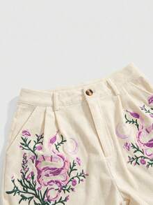 ROMWE Goth Women's Retro Mysterious Vine Embroidered Star, Moon, Snake Embroidery Shorts - Apricot - View 3