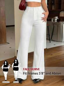 SHEIN Tall CURVE 大码女式纯色口袋拉链喇叭裤，日常百搭 - 白色 - 查看 1