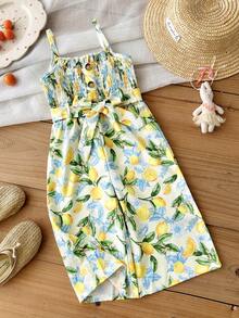 SHEIN Bộ áo liền quần dáng rộng in hình chanh cho bé gái đi nghỉ mát - Nhiều màu - Xem 7