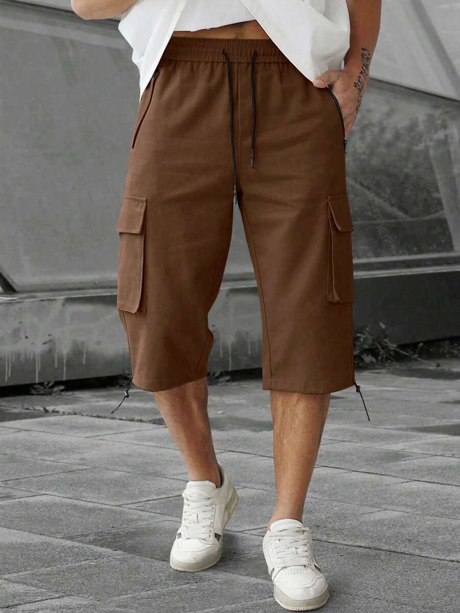 Manfinity Homme Pantalones cortos de carga con cintura con cordón y bolsillos para hombre de unicolor - Marrón - Ver 1