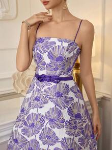 Poshira Đầm cocktail dây mảnh jacquard thanh lịch dành cho nữ - Màu Lilac Tím - Xem 1