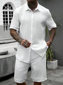 Manfinity CasualCool Bộ đồ nam thường ngày đi nghỉ mát, áo sơ mi và quần short màu trắng có tua rua. - trắng - Xem 3