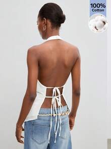 Maija White Summer Chic Women's Halter Neck Backless Tie Strap Top, Casual Basic Sexy Relaxed Fit Night Out Golf, Modest Urban Holiday Festival Vacation - White - View 3