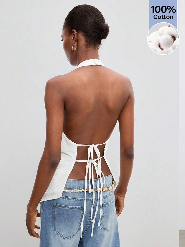 SHEIN Maija All White Summmer Chic Women's 100% Cotton Halter Neck Backless Tie Strap Top,Casual Relaxed Fit Night Out,Modest Urban Holiday Festival Vacation Tops