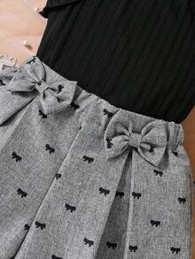 Elladie kids Young Girls' Black Ribbed Ruffle Trim Camisole Top & Grey Bow Print Shorts Set, Elegant Summer Birthday Outfit For Casual, Fashionable Daily Wear - Grey - View 10