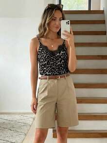 SHEIN LUNE Camiseta de tirantes con cuello en V, estampado de leopardo y encaje en contraste, versátil y de moda, adecuada para el verano - Multicolor - Ver 5