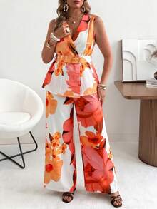 Ceyna Plus Size Women's Classic Retro Polka Dot Vest And Wide Leg Pants Set Summer Holiday Outfits - Orange - View 4