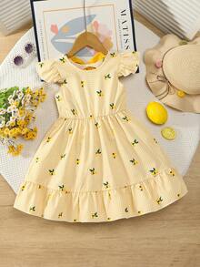 SHEIN Girls' Lemon Print Dress,Summer Fairy White Plaid Holiday,Flutter Sleeve,Ruffle Hem,Back Bow Cutout,Casual & Matching For Family Vacation,Fresh Cute - Yellow - View 2