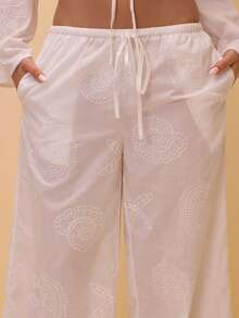 Musera Resort Shell Sea Print Drawstring Wide Leg Linen Trousers Beachwear Summer Vacation Beach Boho Ibiza Holidaywear Thalassa - White - View 5
