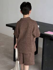 Dazy Kids 男童夏季休闲度假及日常穿着简约纯色落肩宽松Polo衫和短裤套装 - 棕色 - 查看 3