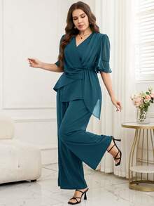 SHEIN Clasi Plus Size Women Solid Color Pleated Design Shirt And Pants Elegant 2 Pieces Set - Teal Blue - View 3