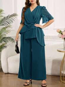 SHEIN Clasi Plus Size Women Solid Color Pleated Design Shirt And Pants Elegant 2 Pieces Set - Teal Blue - View 8