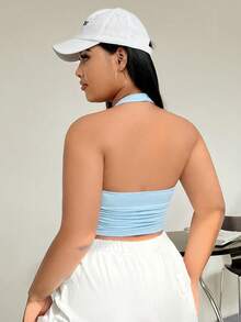 SHEIN EZwear 大码女式纯色吊带褶皱腰背心 - 藍色 - 查看 2