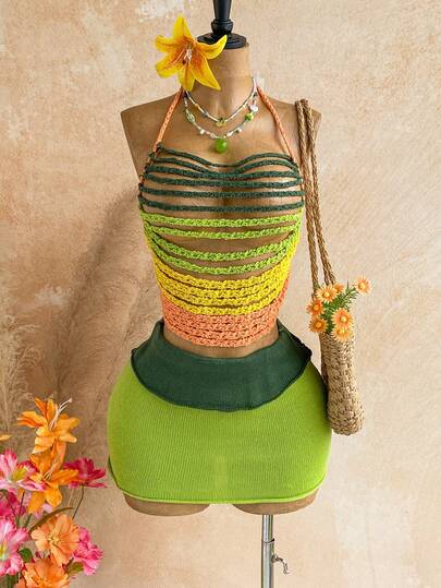 Soleia Women's Halter Tie-Up Color Block Top And Mini Skirt Casual Resort Cover Up Set