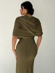 Firerie Elegant Olive Green Solid Color Ruffle Neck Asymmetrical Pleated Waist Fitted Dress,Summer Date Night Beach Party Wedding Guest Outfits For Women - Army Green - View 7