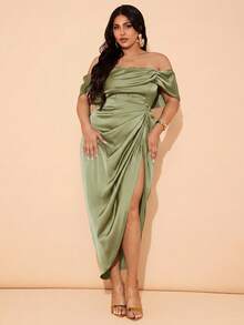 SHEIN BAE Plus Size Women Elegant Draping Mid-Length Dress, Suitable For Weddings, Bridesmaid, Cocktail And Formal Occasions - Mint Green - View 1