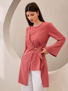 Asymmetrical Metal Buckle Accent Pink Shirt - Pink - View 6