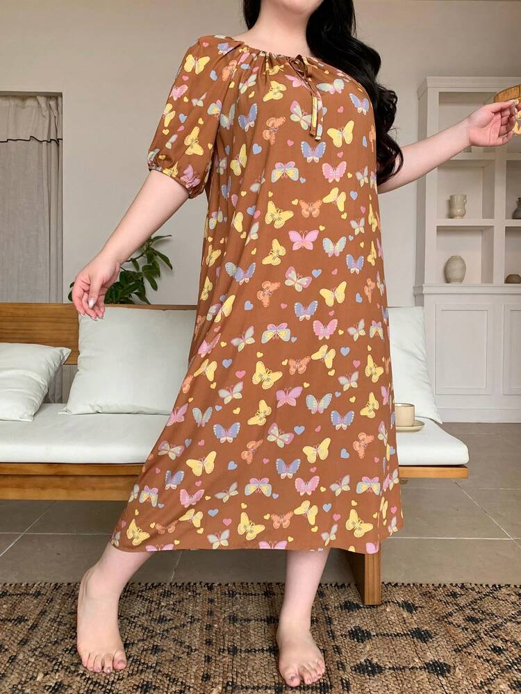 Dazy Plus Plus Size Women Butterfly Print Ruched Tie Neck Loose Casual Summer Short Sleeve Nightgown