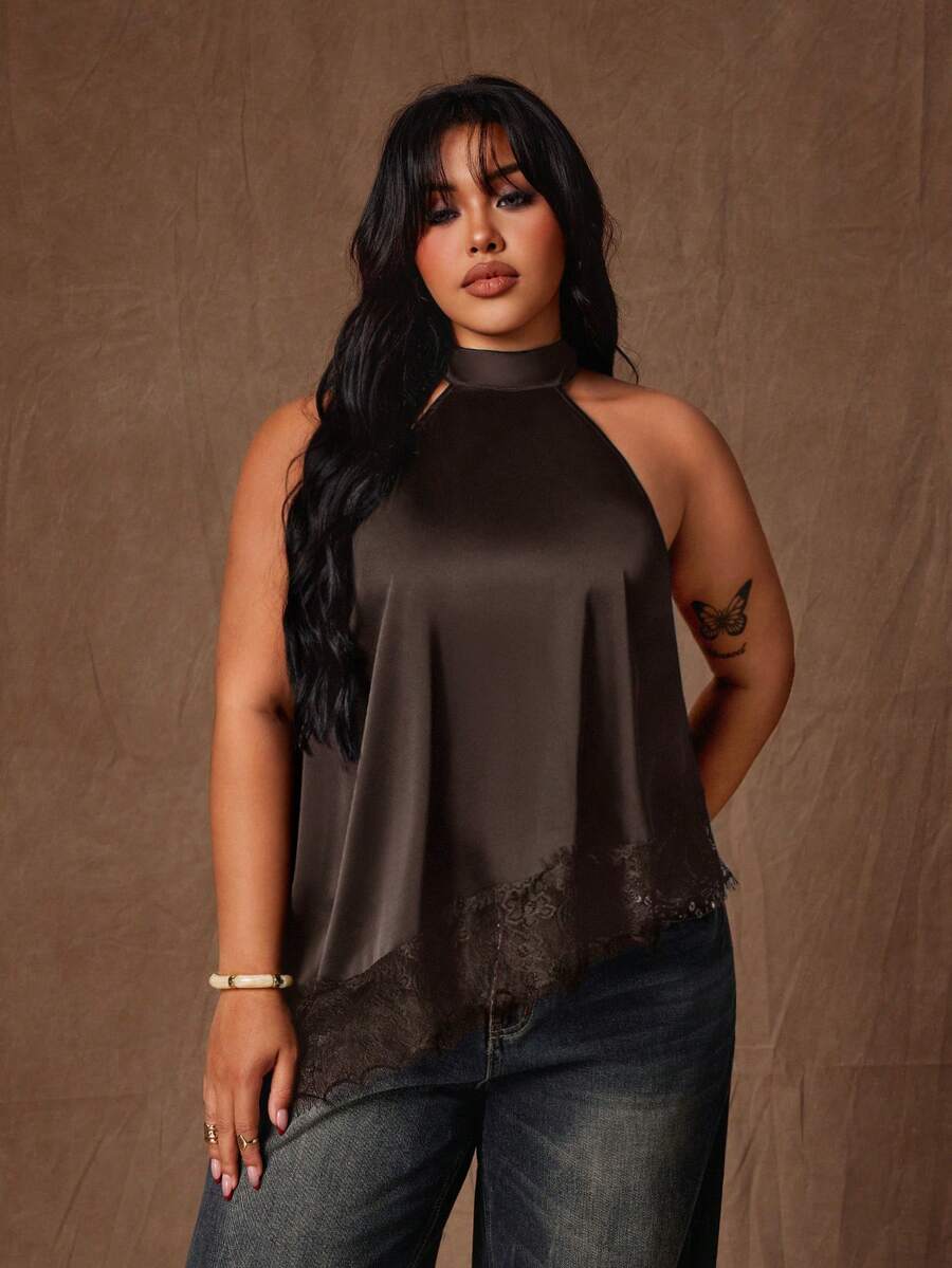 Rustia Blusa asimétrica de satén y encaje con parches, talla grande - Café integral - Ver 1