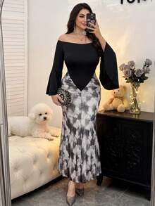Modelyn Zanzea Plus Size Black Summer Elegant Formal Night Off Shoulder Printed Elastic Knit Fitted Slim Maxi Dress,Modern Filipiana Modest Outfits For Women - Multicolor - View 11