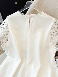 GlowEve CURVE Plus Size Women's Elegant White Summer Party Hollow Lace Patchwork Short Sleeve Blouse,Classy Solid Color Shirts For Casual And Commuting - Beige - View 3