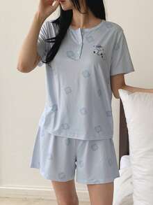 DAZY Women Bear & Floral Print Top And Shorts Pajama Set Summer - Blue - View 6